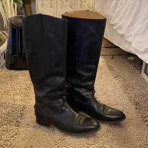 Black Frye knee high boots with ankle strap detail perfectly worn in